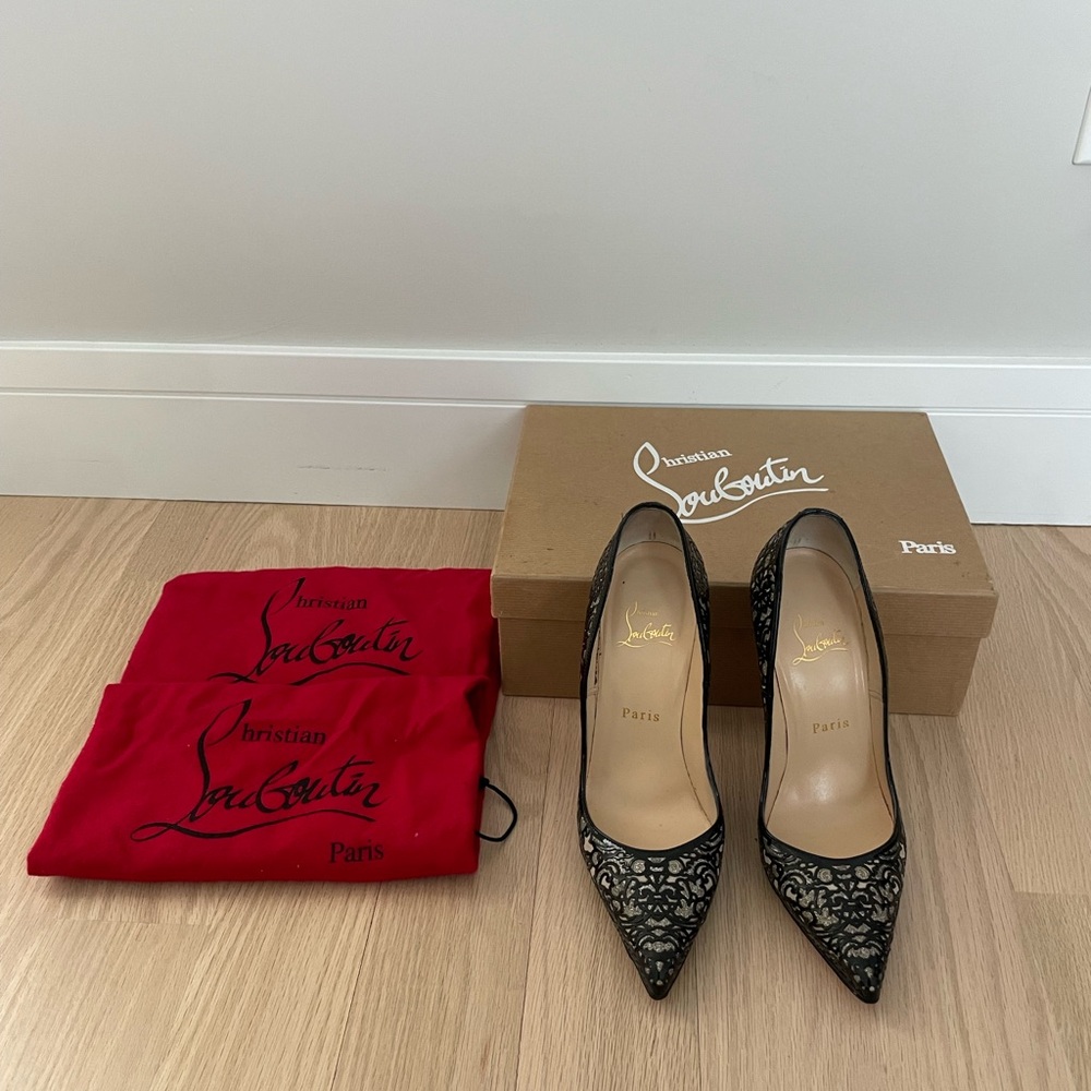 Christian Louboutin Black Lace and Leather Heels